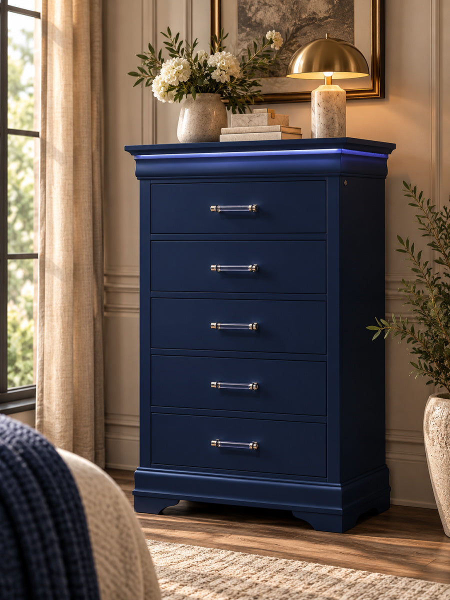 Modern European furniture - Charlston Blue 5-Drawer Chest with LED Lighting - www.oroa.com