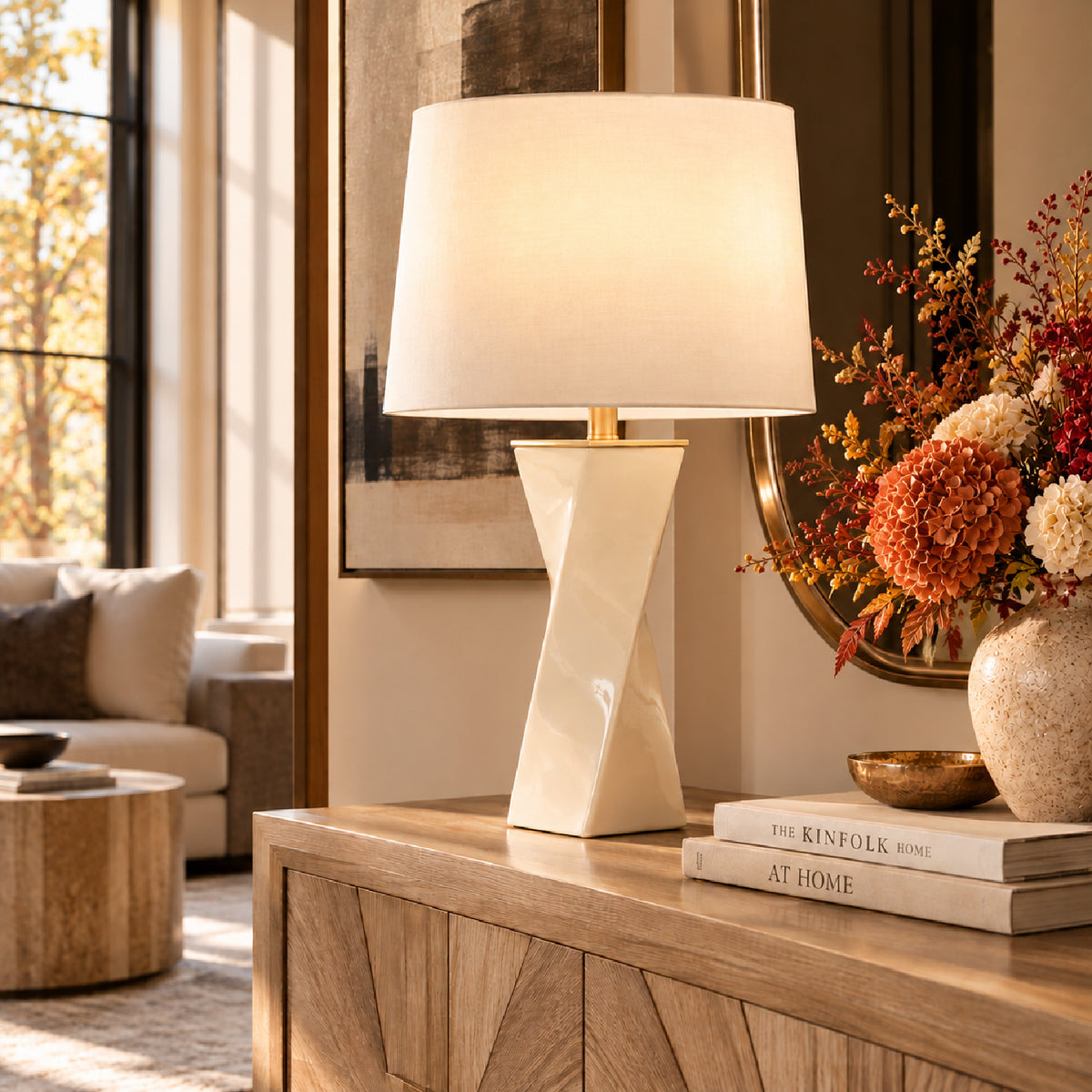 Contemporary Square Cream Ceramic Table Lamp by OROA