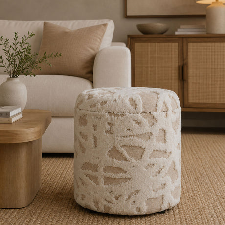 Beige Round Textured Storage Ottoman | OROA