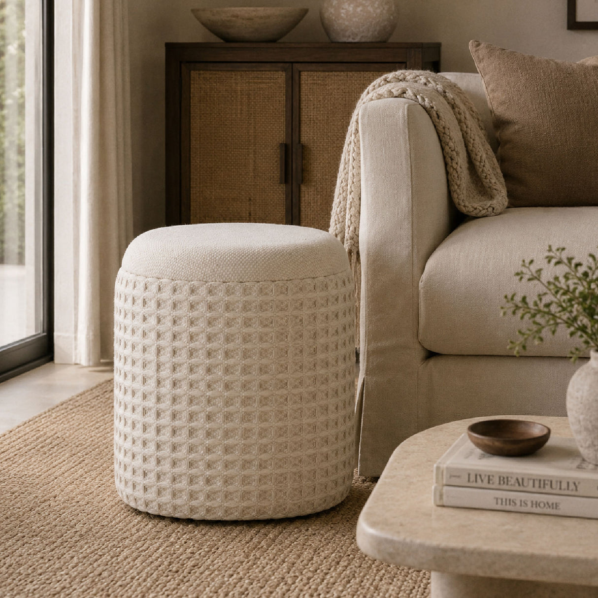 Ivory Woven Textured Storage Ottoman | OROA