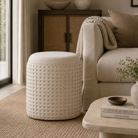 Ivory Woven Textured Storage Ottoman | OROA