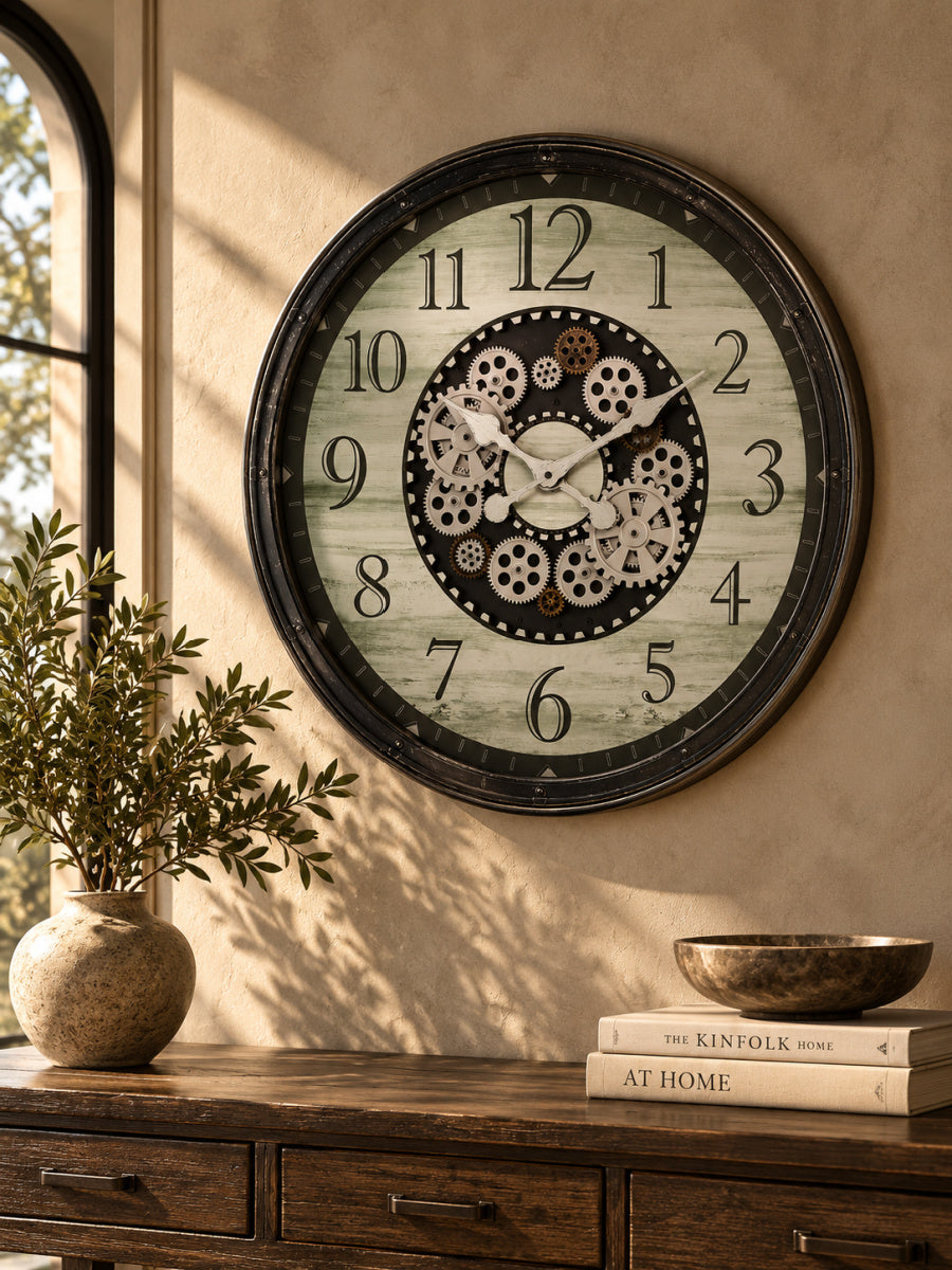 Round Oversized Brown Gear Wall Clock | OROA