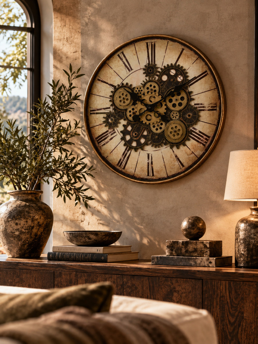 Modern European furniture - Round Brown Gear Mechanism Wall Clock - www.oroa.com
