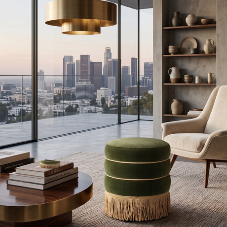 Velvet Round Ottoman with Bullion Fringe | OROA