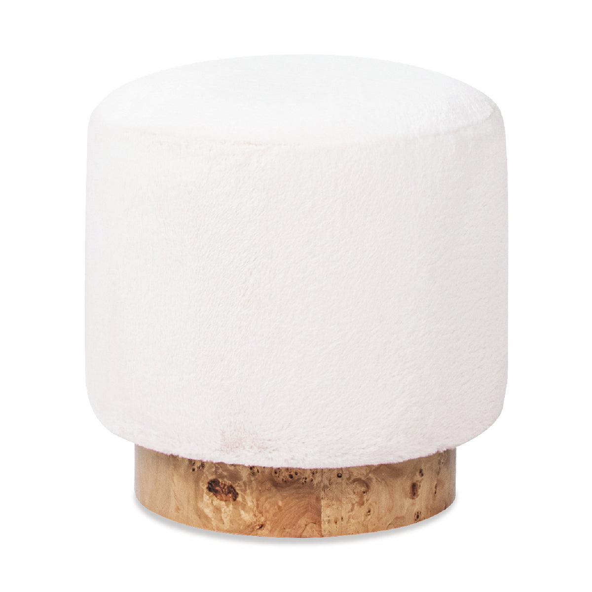 Round fur upholstered and burl wood pouf ottoman from OROA