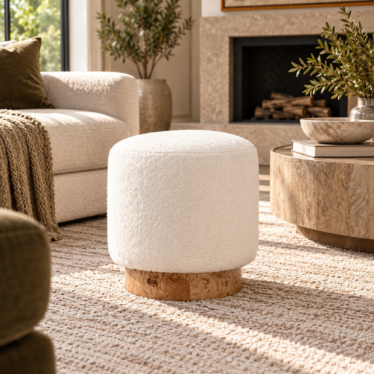Round Fur Upholstered & Burl Pouf Ottoman | OROA