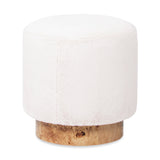 Round Fur Upholstered & Burl Pouf Ottoman | OROA