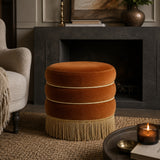 Round Burnt Orange Velvet Upholstered Ottoman | OROA