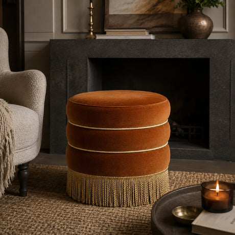 Round Burnt Orange Velvet Upholstered Ottoman | OROA