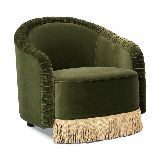 green velvet barrel chair with fringe