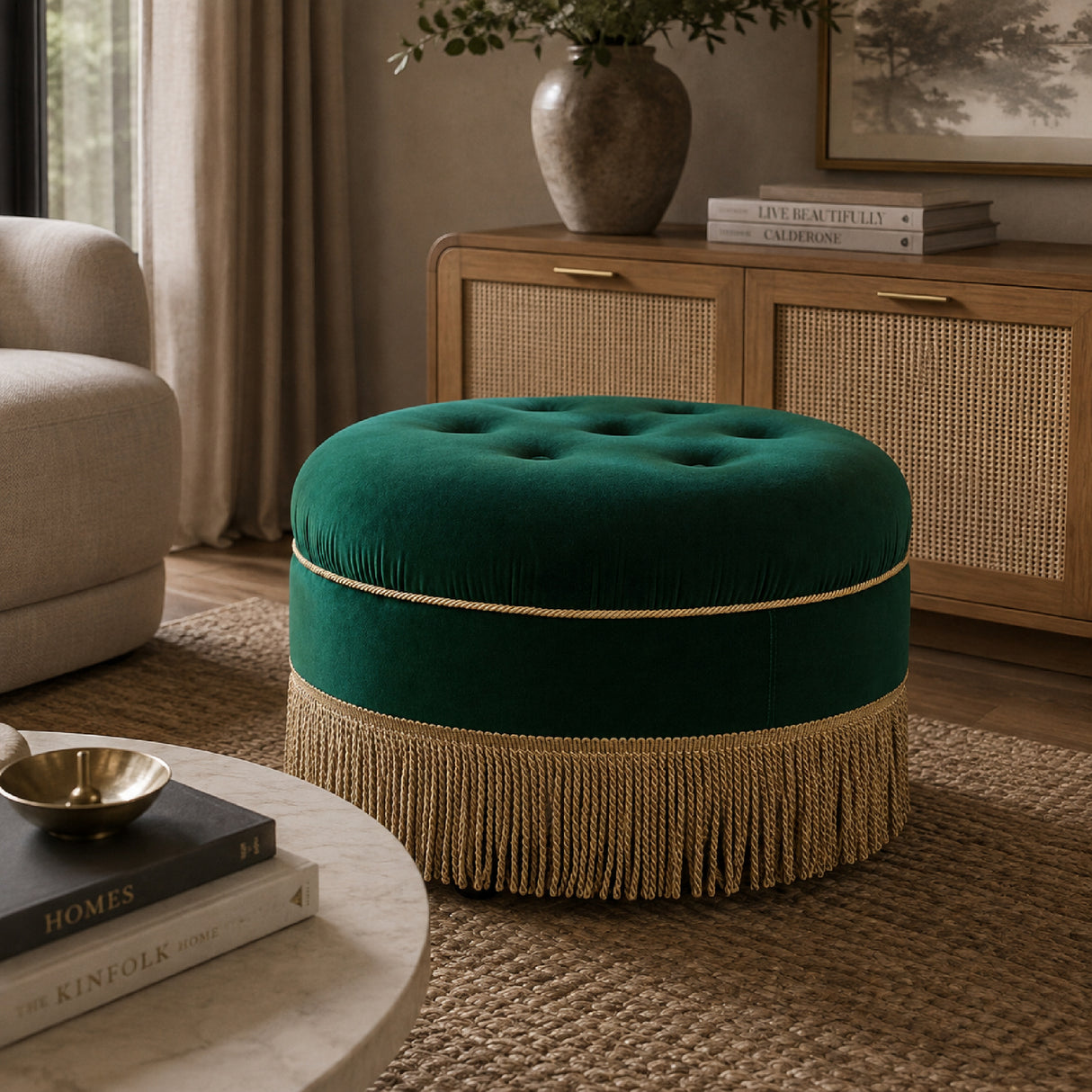 Emerald Green Round Upholstered Accent Ottoman | OROA
