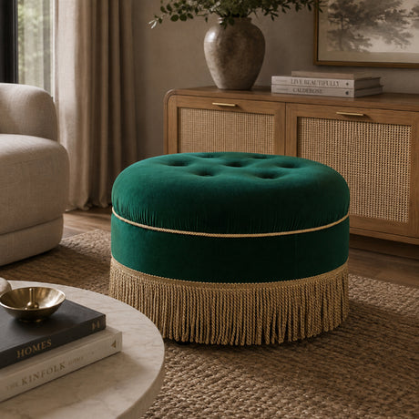 Emerald Green Round Upholstered Accent Ottoman | OROA