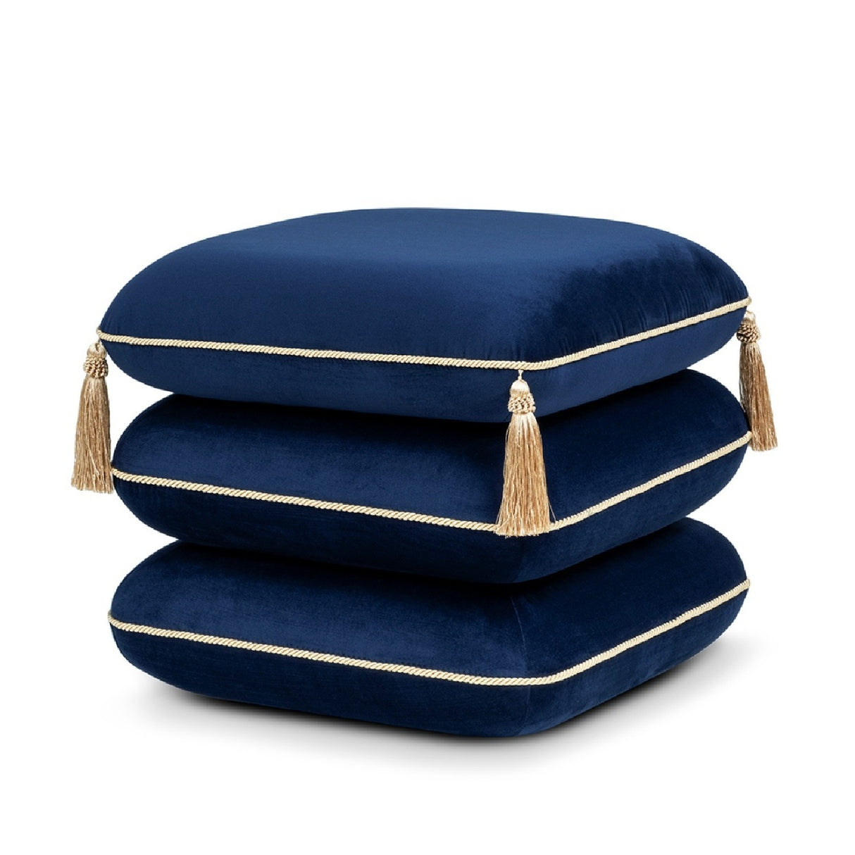 Navy Blue Velvet Square Fringe Ottoman | OROA