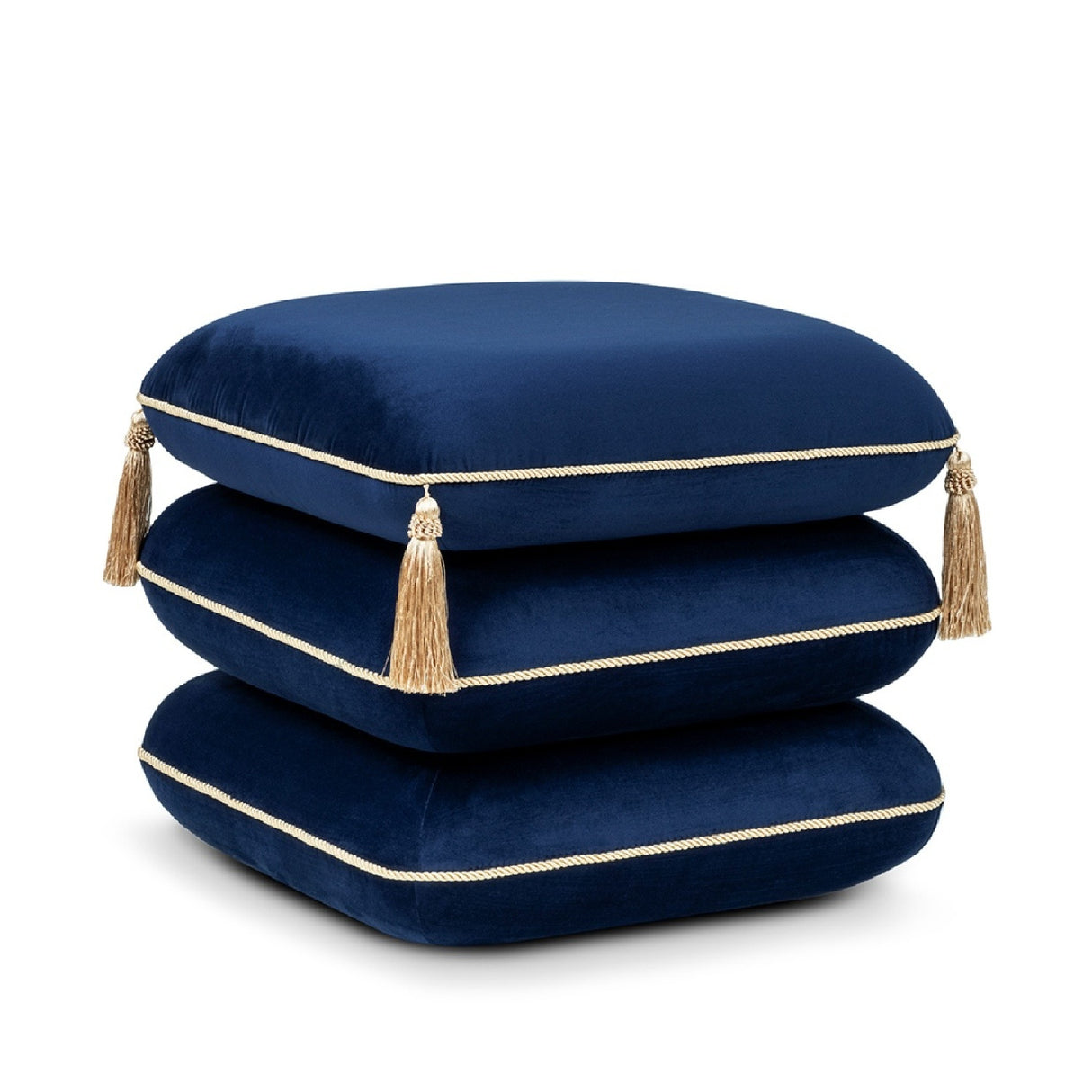 Navy Blue Velvet Square Fringe Ottoman | OROA