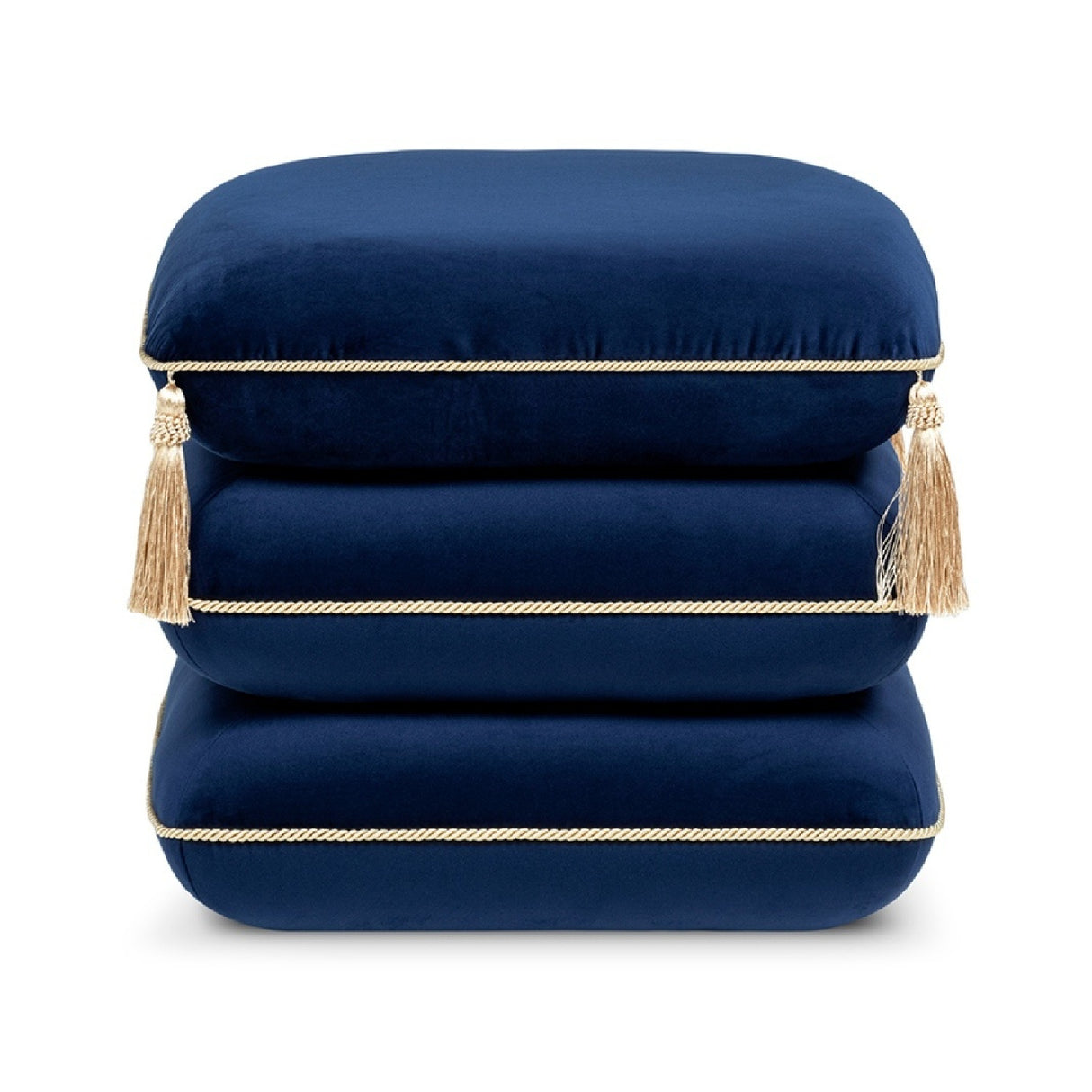 Navy Blue Velvet Square Fringe Ottoman | OROA