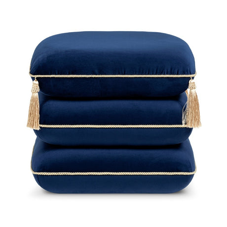 Navy Blue Velvet Square Fringe Ottoman | OROA