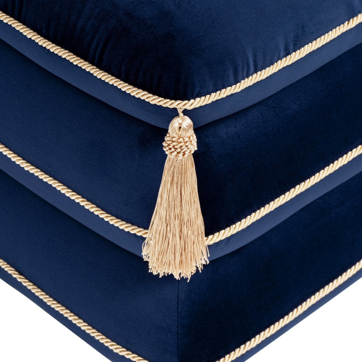 Navy Blue Velvet Square Fringe Ottoman | OROA