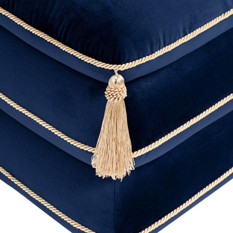 Navy Blue Velvet Square Fringe Ottoman | OROA