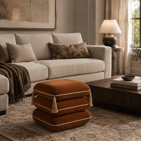 Burnt Orange Upholstered Square Fringe Ottoman | OROA