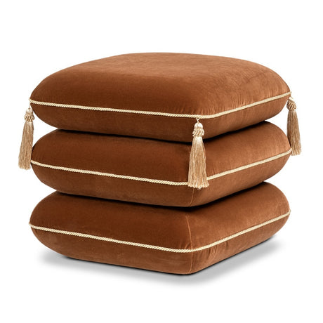 Burnt Orange Upholstered Square Fringe Ottoman | OROA