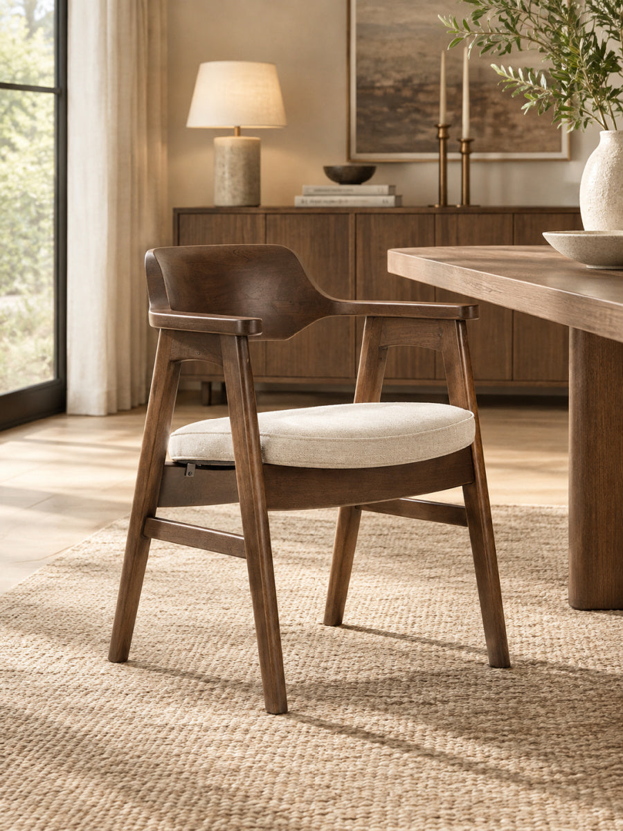 Modern European furniture - Light Beige Chenille Pine Dining Arm Chair - www.oroa.com