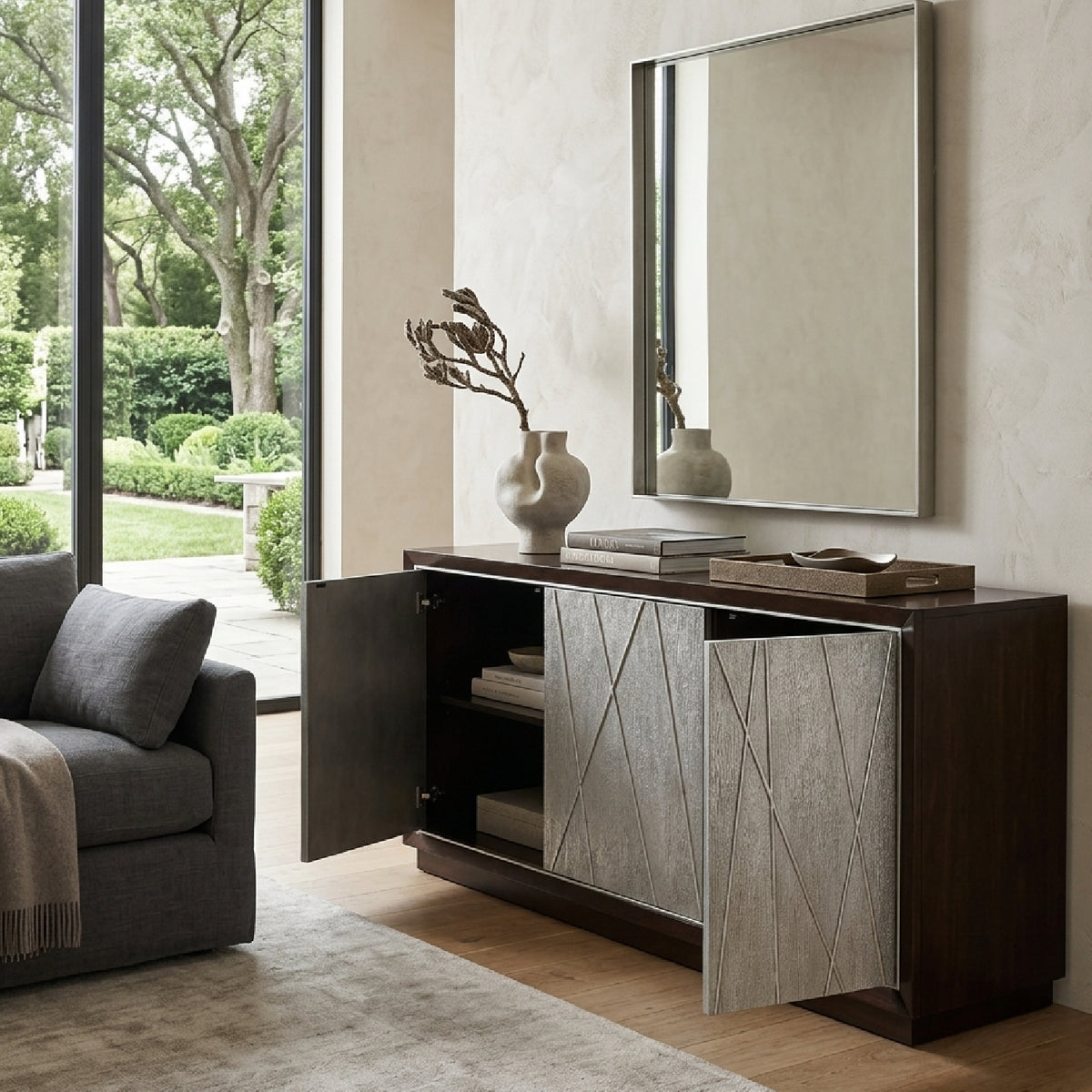 Modern European furniture - Geranio Metallic Silver Walnut Finish Console Cabinet - www.oroa.com