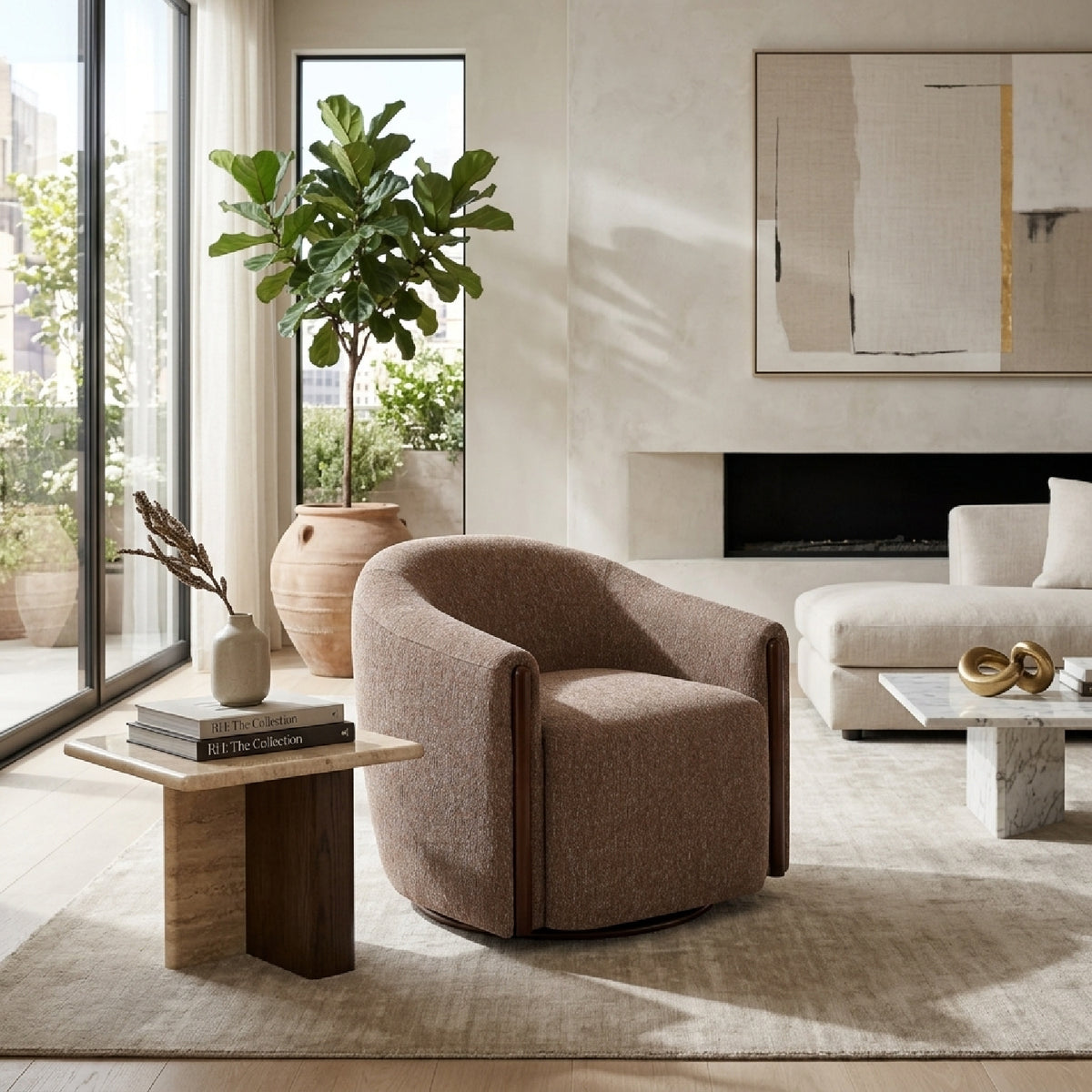 Brown Chenille Swivel Accent Chair | OROA