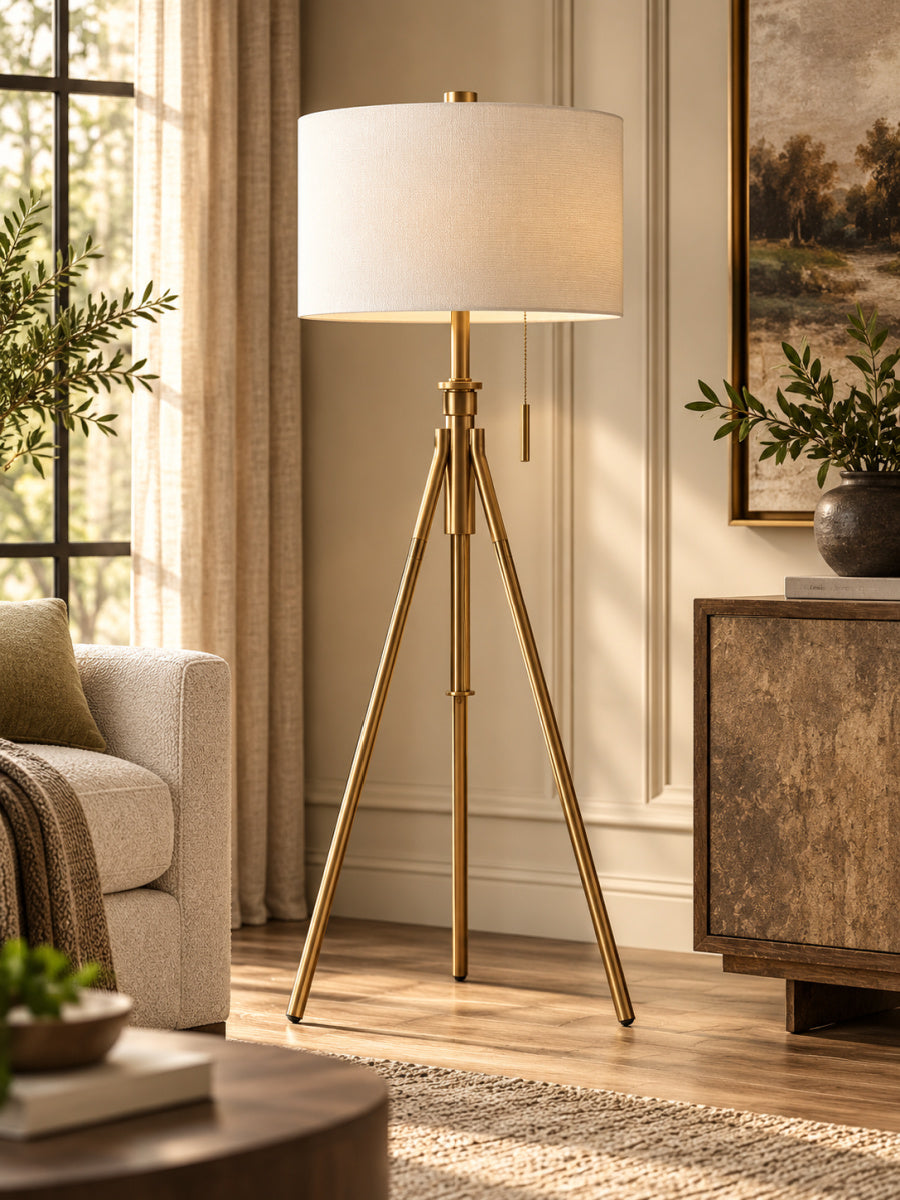 Modern European furniture - Vintage Gold Tripod Floor Lamp with Pull Switch - www.oroa.com