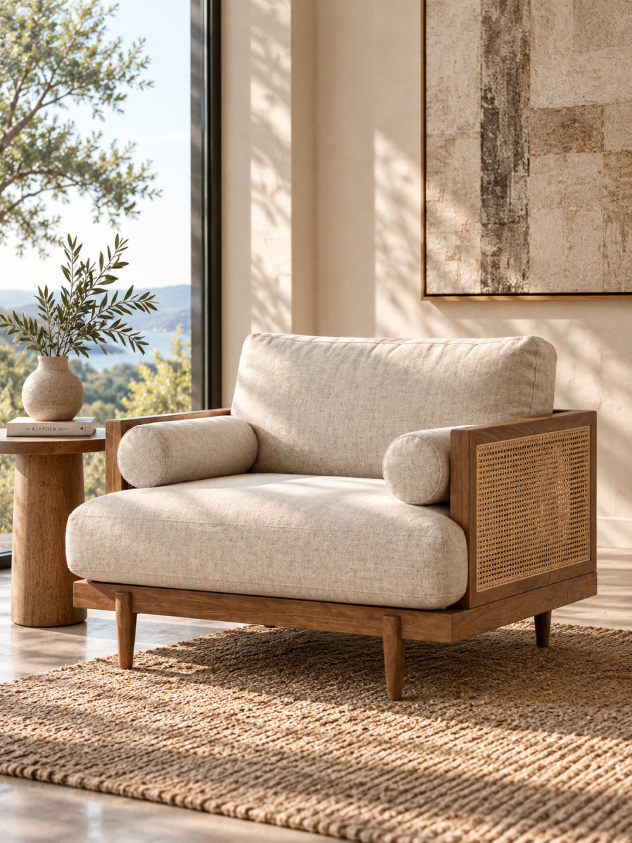 Beige Lounge Chair with Light Oak and Rattan | Maison Naturelle