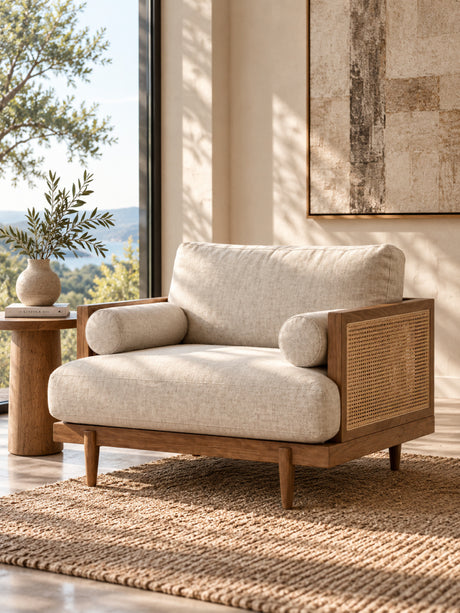 Beige Lounge Chair with Light Oak and Rattan | Maison Naturelle