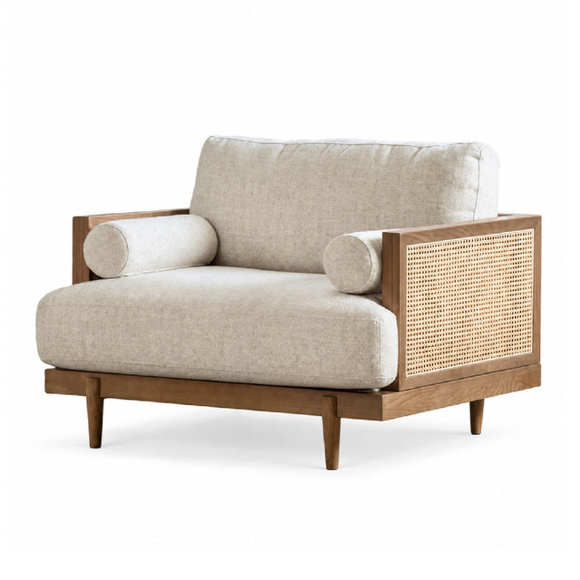 Modern European furniture - Beige Lounge Chair with Light Oak and Rattan - www.oroa.com