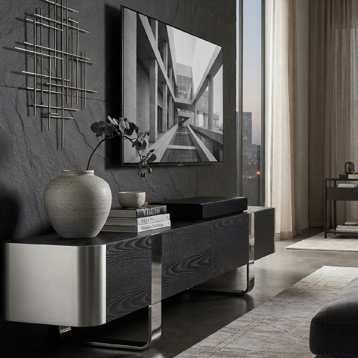 Modern Black and Silver TV Stand Cabinet | OROA