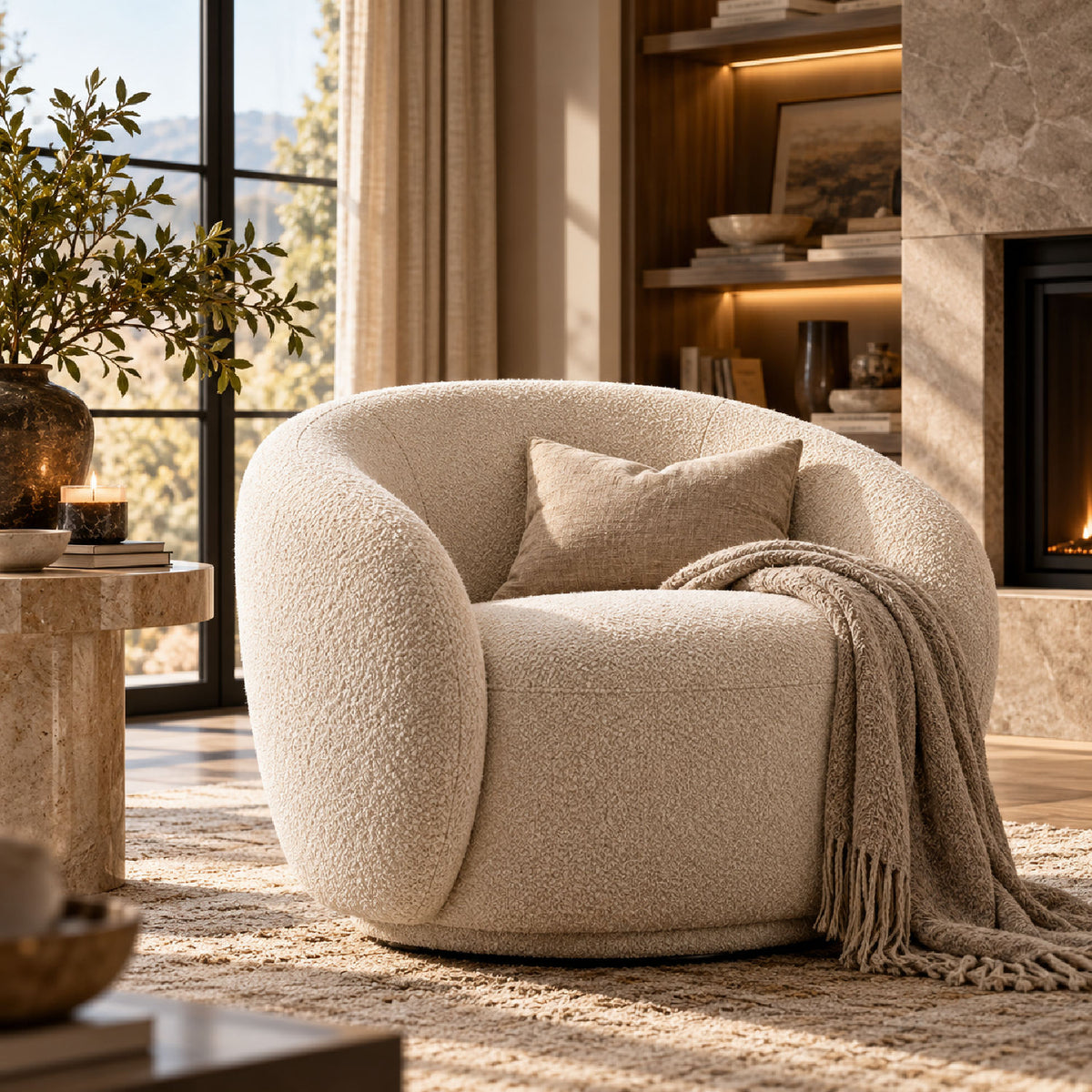 Beige Upholstered Swivel Chair | OROA