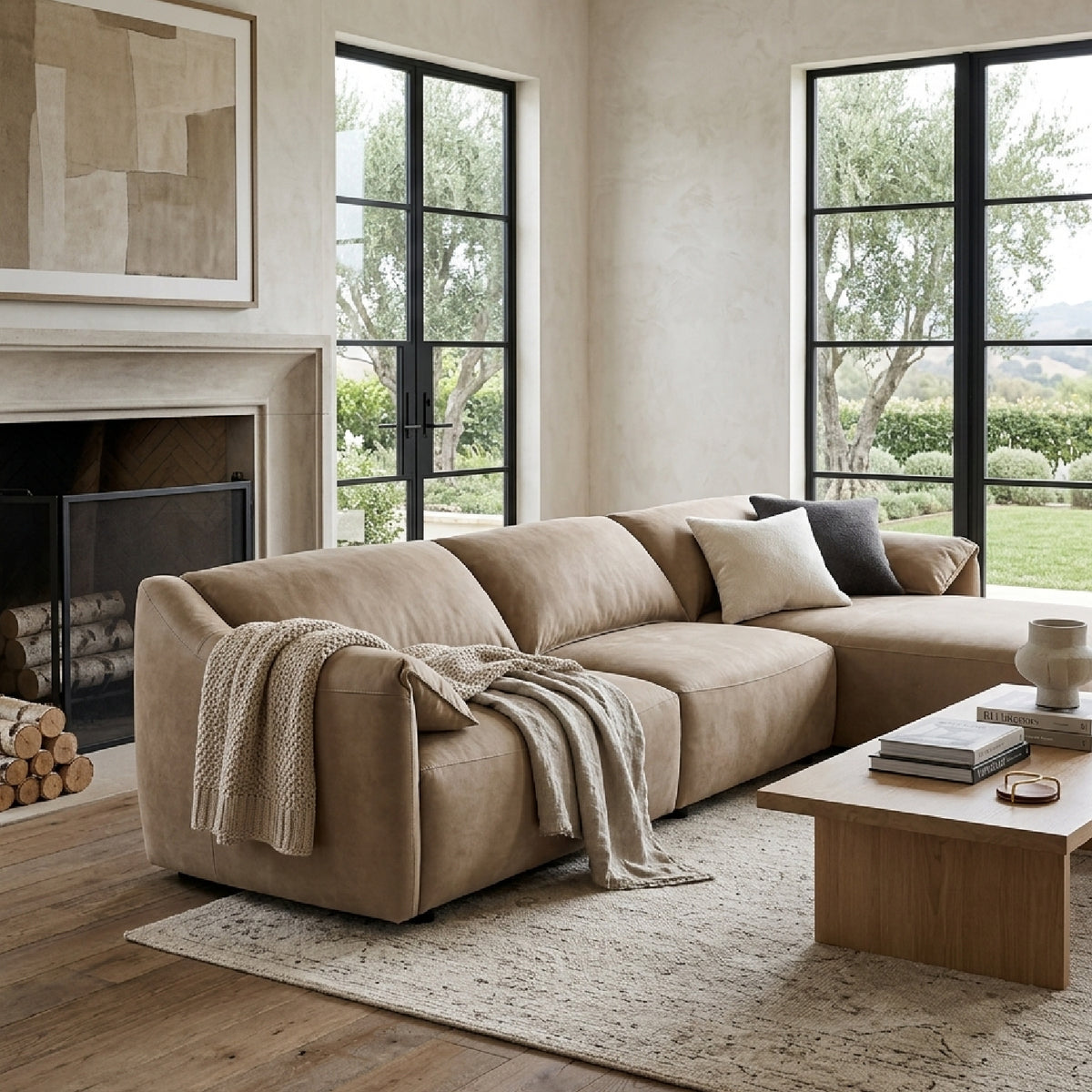 Modern European furniture - Light Brown Suede Sectional Sofa - www.oroa.com