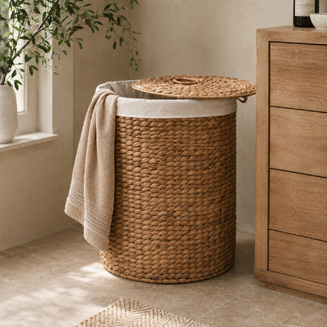 Brown Round Water Hyacinth Laundry Hamper | OROA