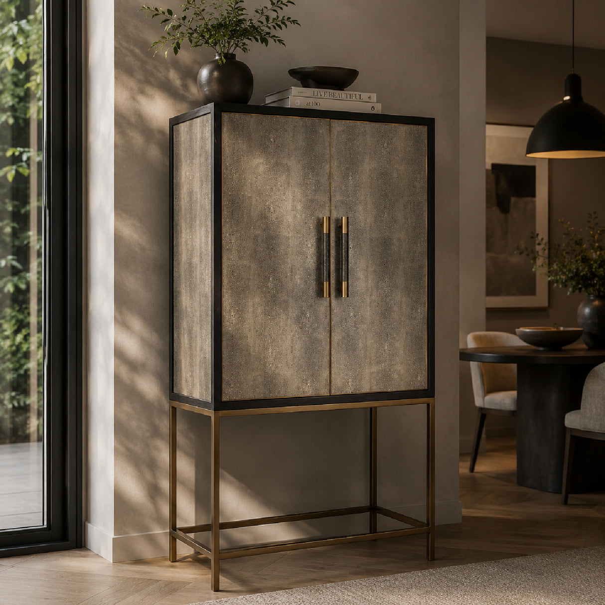 Modern European furniture - Gray Shagreen Bar Cabinet with Brass Accents - www.oroa.com