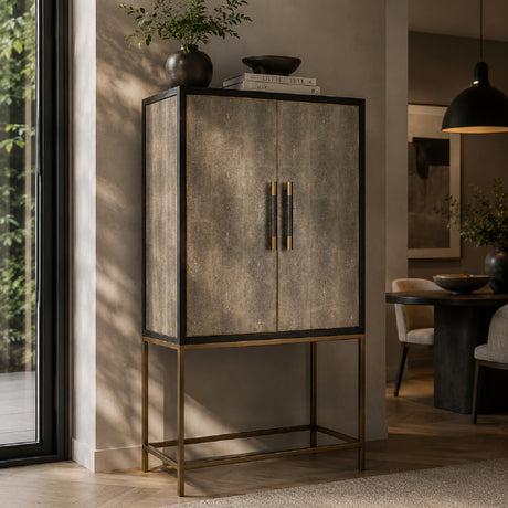 Modern European furniture - Gray Shagreen Bar Cabinet with Brass Accents - www.oroa.com