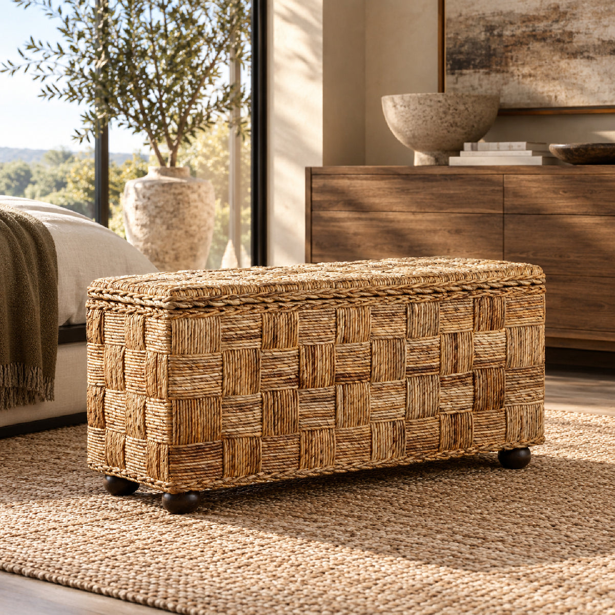 Natural Rattan & Mahogany Lift-Top Storage Trunk | OROA