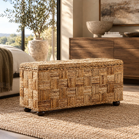 Natural Rattan & Mahogany Lift-Top Storage Trunk | OROA