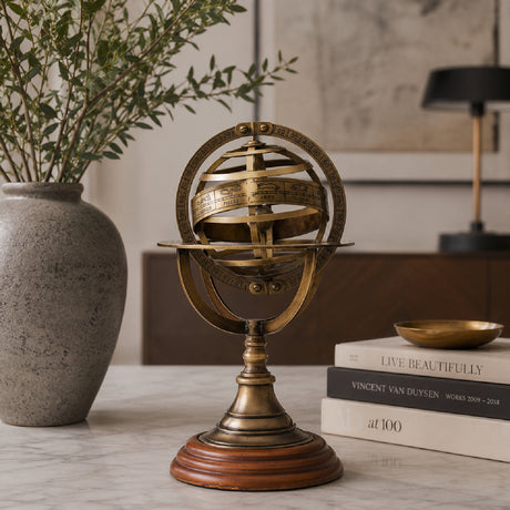 Decorative Brass Armillary Sphere with Wood Base | OROA