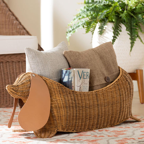 Natural Rattan Dachshund Basket – Daffodil – angled view