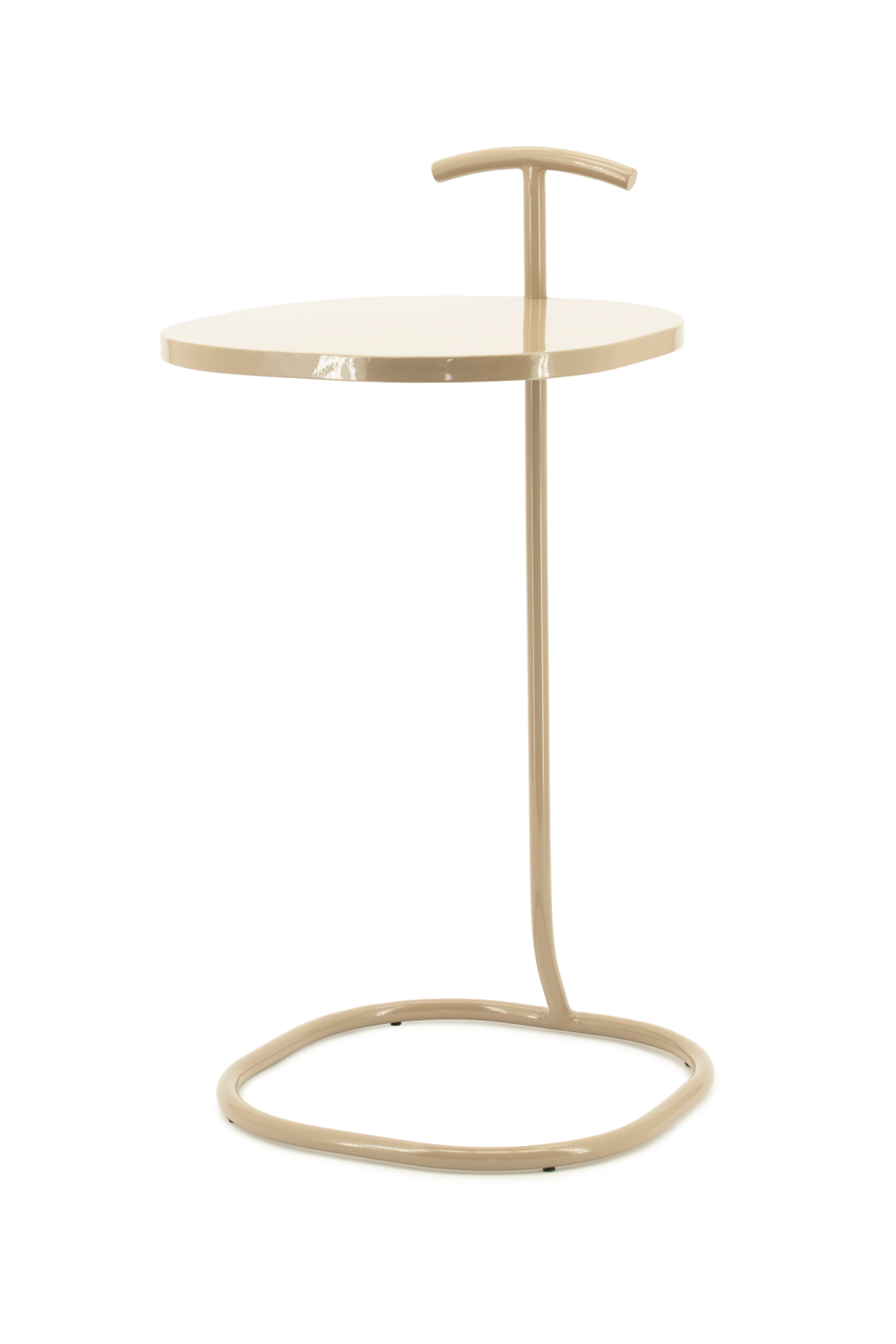Lacquered beige circular side table with circular base and vertical stem