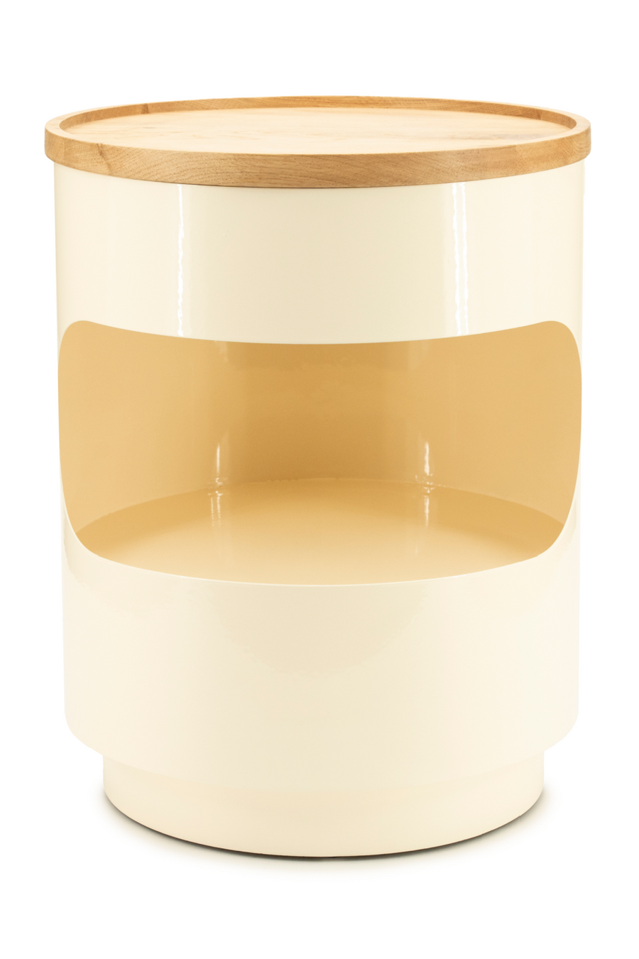 Cream round side table with light wood top