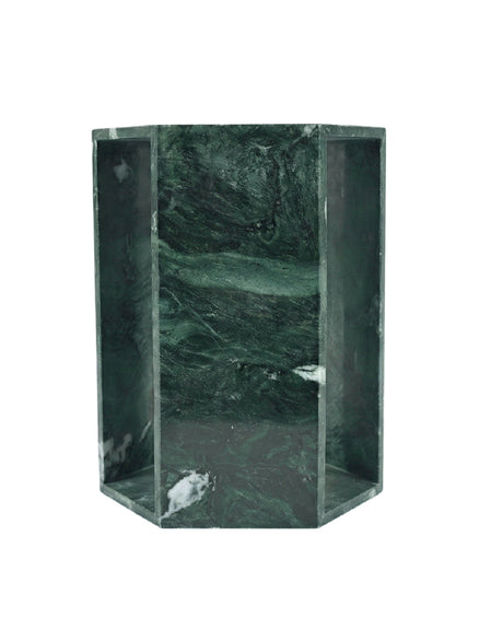 A green marble geometric side table or pedestal with a hexagonal shape and an open center- OROA