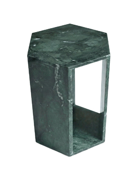 A green marble geometric side table or pedestal with a hexagonal shape and an open center- OROA