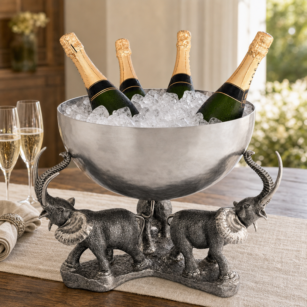 Hand-Hammered Steel & Pewter Elephant Ice Tub - OROA