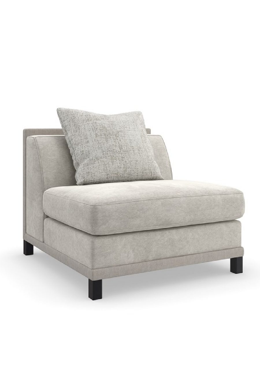 Corner chair from an angled side view in light gray fabric