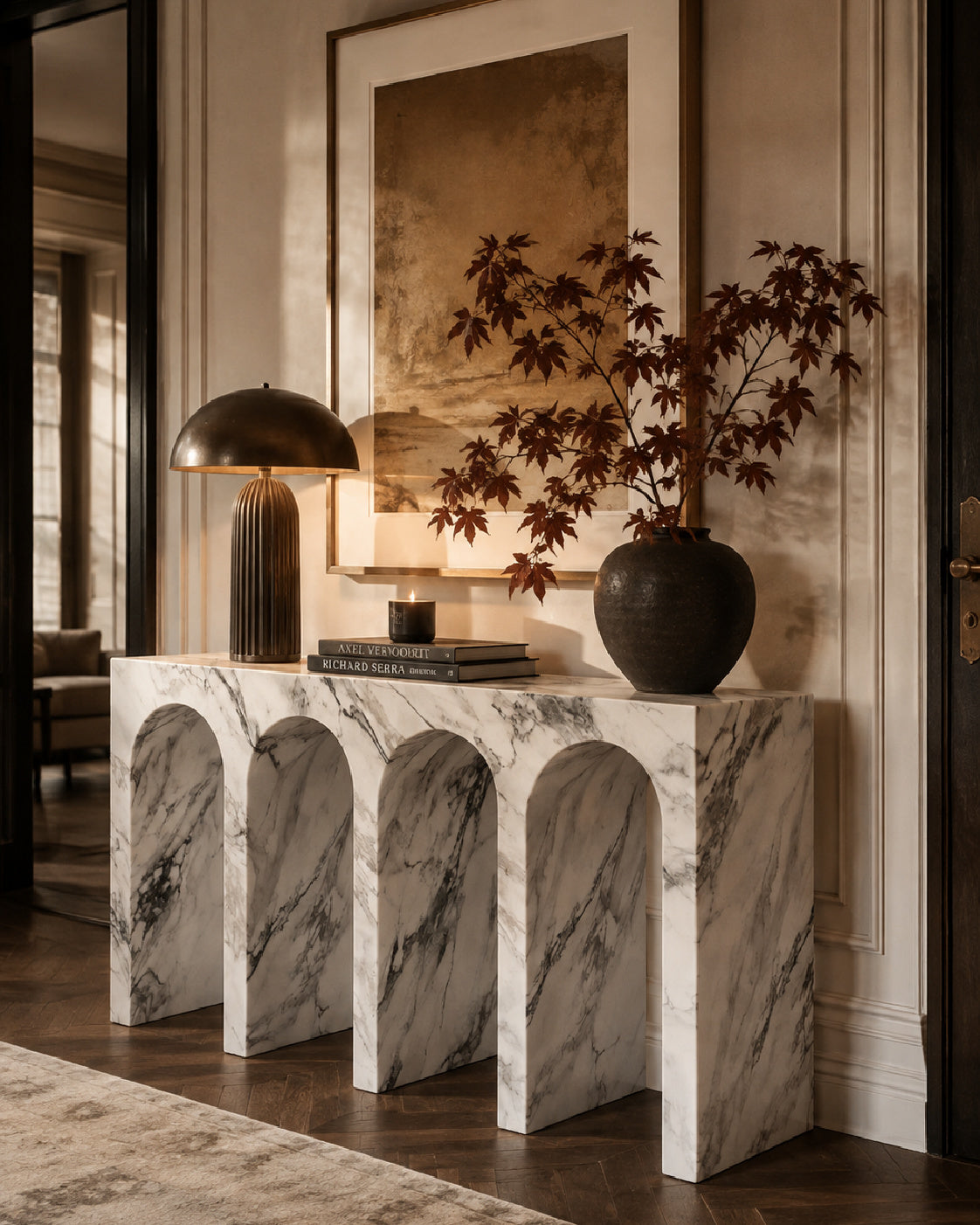 Marble-Look Engineered Stone Console Table – OROA – angled view