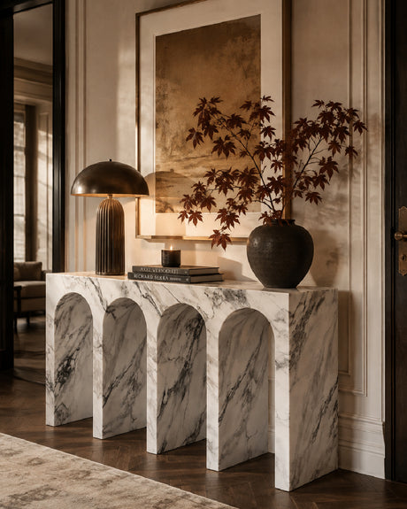 Marble-Look Engineered Stone Console Table – OROA – angled view