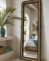 Black Floor Mirror with Woven Cane Trim | OROA